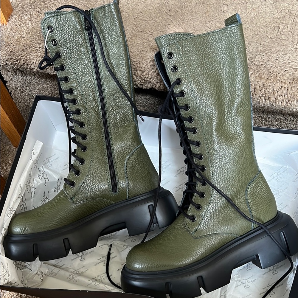 Green Combat Boots with Chunky Black Sole and  high ankle Design. Made in Italy.